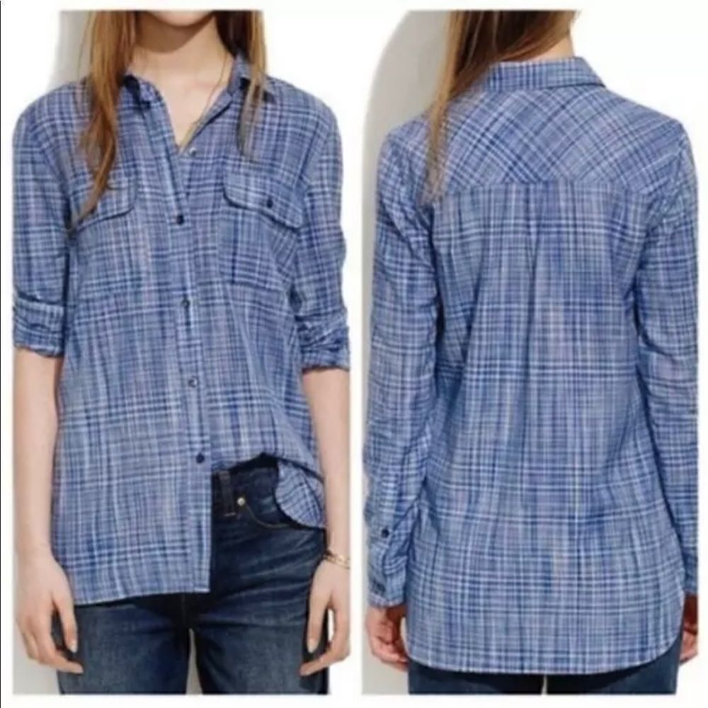 Madewell Ex Boyfriend Shirt Womens XS Blue Purple Stripe Button Front Pockets